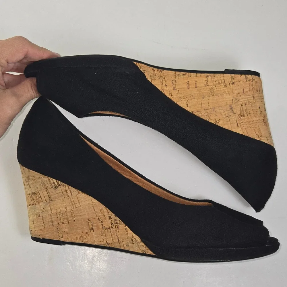 Vizzano Black Suede Peep Toe Wedge Heels Cork Platform Women Size 9 EUR 40